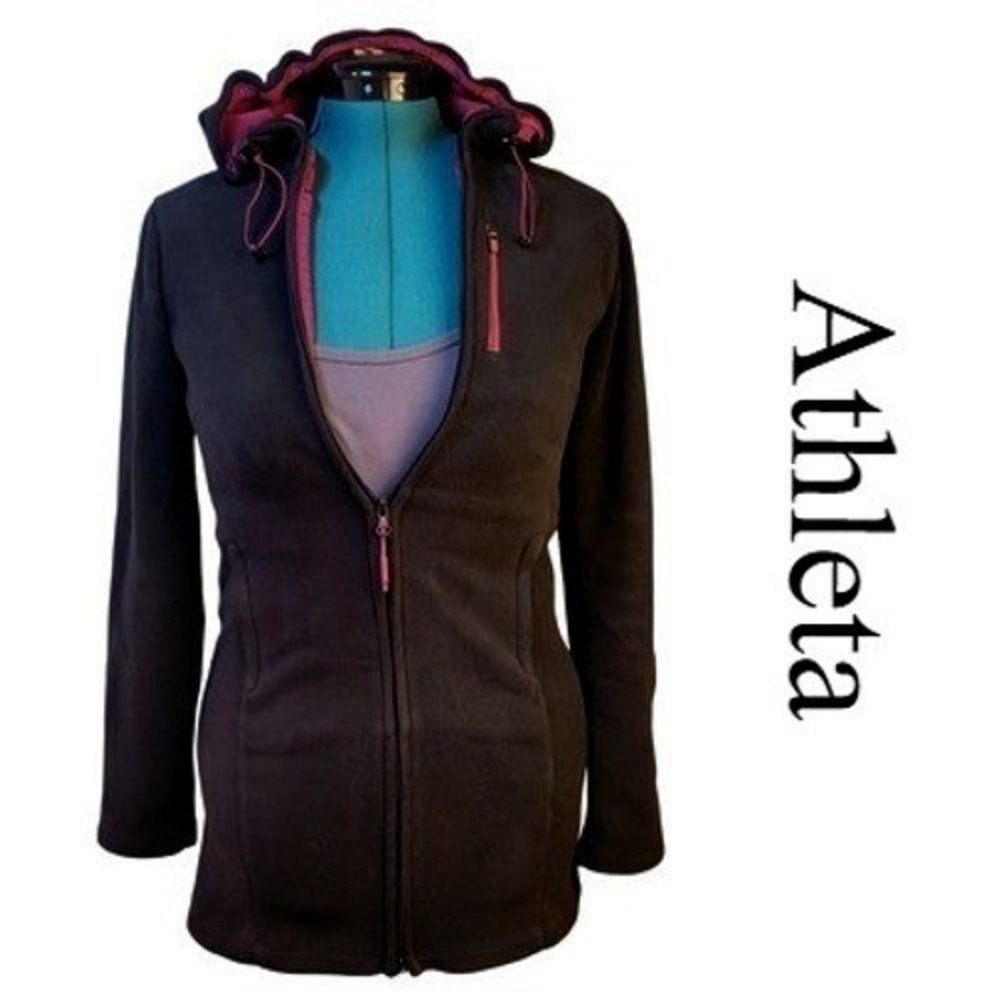 Athleta Fleece Jacket Women XS Black Embroidered Full Zip Hooded Longline Floral